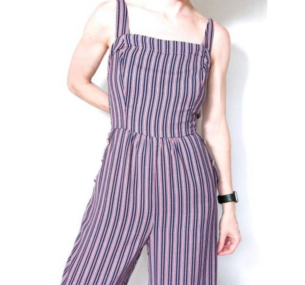 Women's Striped Strappy Square Neck Cropped Jumpsuit - Size M